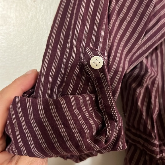 Merona wine/white stripe blouse. Drawstring waist. Convertible sleeve - Picture 7 of 10